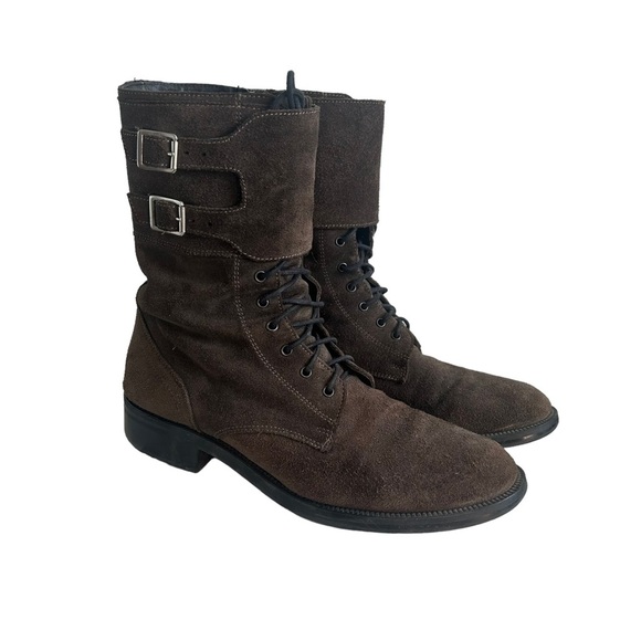 Brown Suede Italian Leather Combat Boots 38 - Picture 1 of 6